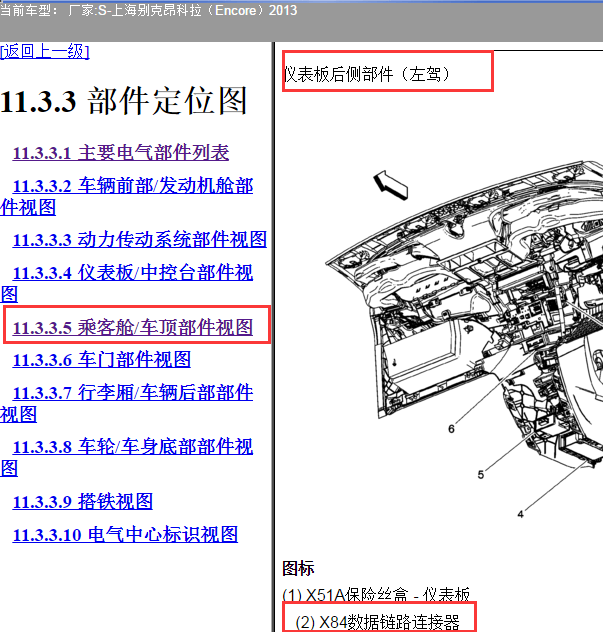 2013年别克昂科拉X84数据传输线链接器位置图