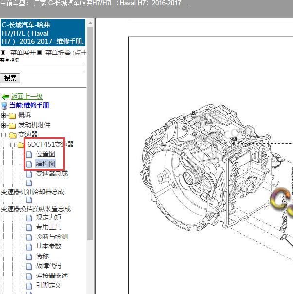 2016-2017年长城H7 6DCT变速箱部件位置