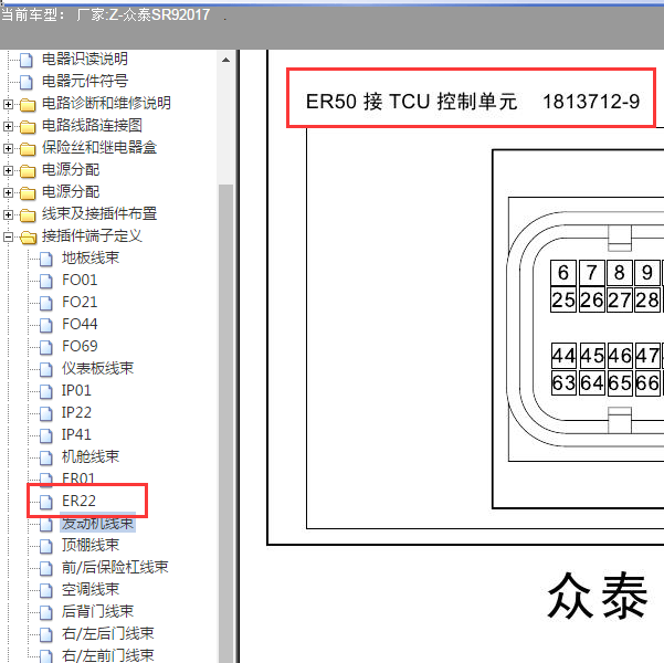 2017年众泰SR9变速箱针脚图