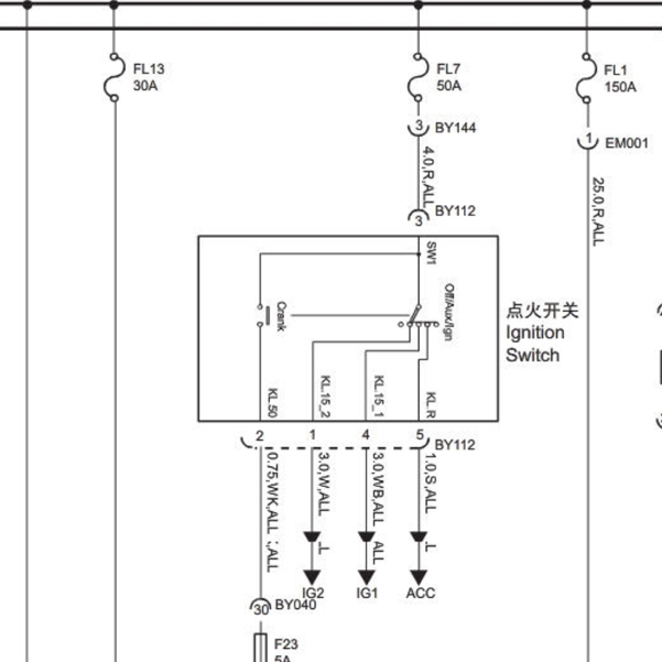 2013-2014年名爵MG3 点火开关电路图