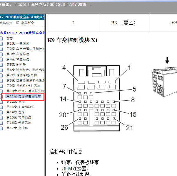 2017-2018年别克GL8车身电脑针脚定义图