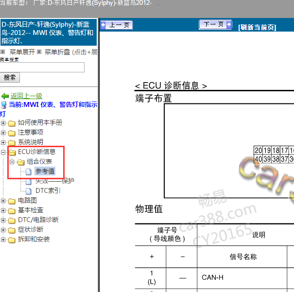 2012年日产轩逸仪表针脚说明