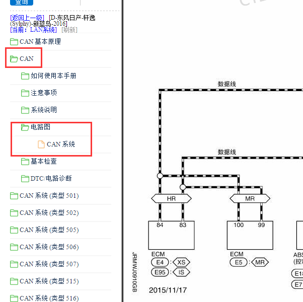 2016年日产轩逸网络通讯电路图