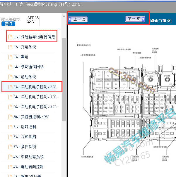 2015年福特野马发动机电路图以及保险盒注释图