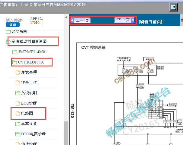 2017-2019年日产启辰M50V变速箱系统电路图