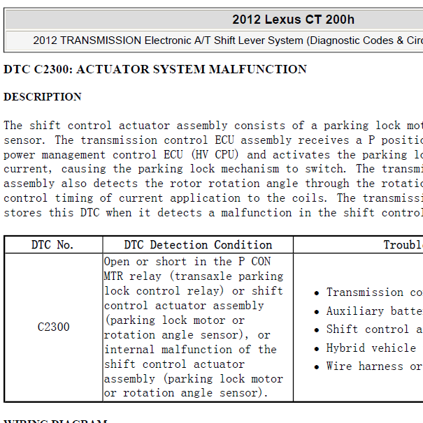 2012年雷克萨斯CT200H  C2300故障码资料