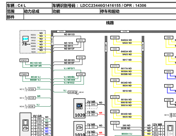 2015-2016年雪铁龙C4L一键启动和转向柱锁的线路图