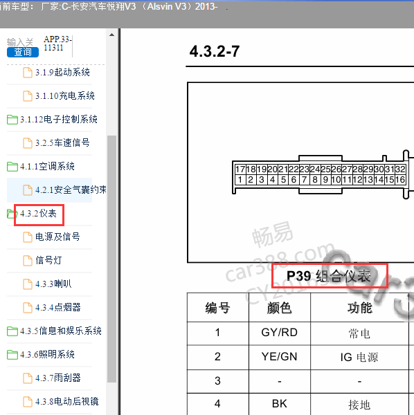 2013年长安悦翔V3仪表针脚定义