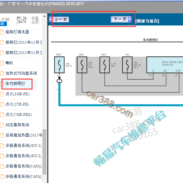 2010-2011年丰田普拉多室内灯电路图