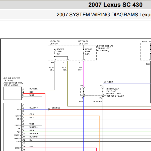 2007年雷克萨斯SC430空调及发动机电路图和位置