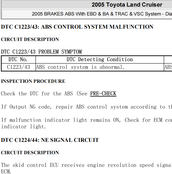 2005年普拉多C1223/C1251/C1256故障码
