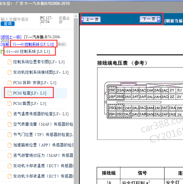 2006-2010年奔腾B70发动机电脑针脚图