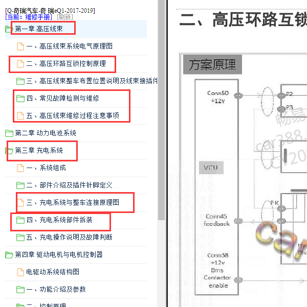2017-2019年奇瑞EQ1充电系统与高压系统电路图和维修手册