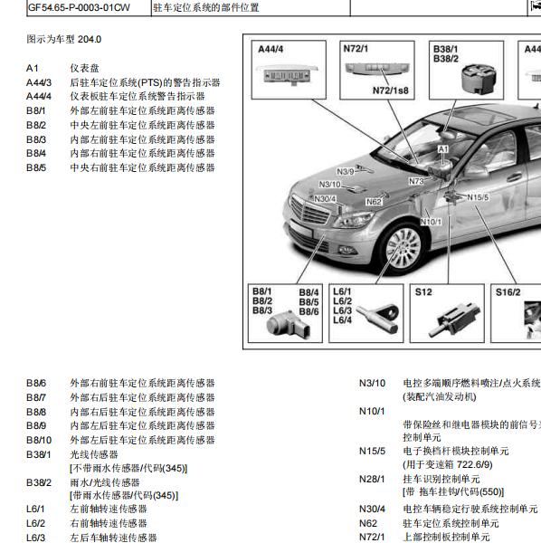 2012年奔驰C200驻车辅助定位模块安装位置