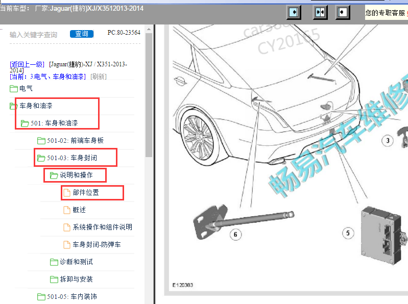 2013-2014年捷豹XJ尾门部件位置