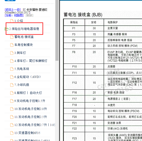 2016-2017年福特蒙迪欧 全车保险资料
