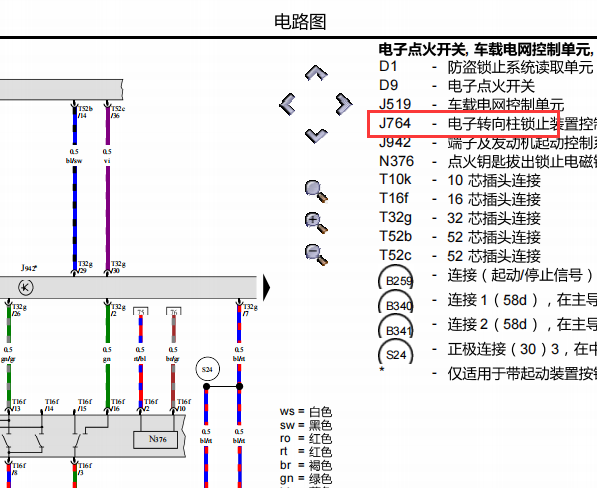 2011年大众CC转向柱锁止装置系统电路图及电源电电路图