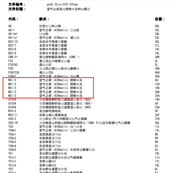 2013年奔驰GL350空气悬挂模块n51/3的电路图