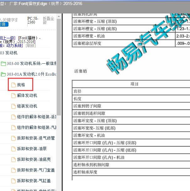 2015-2016年福特锐界2.0发动机 活塞环间隙数据