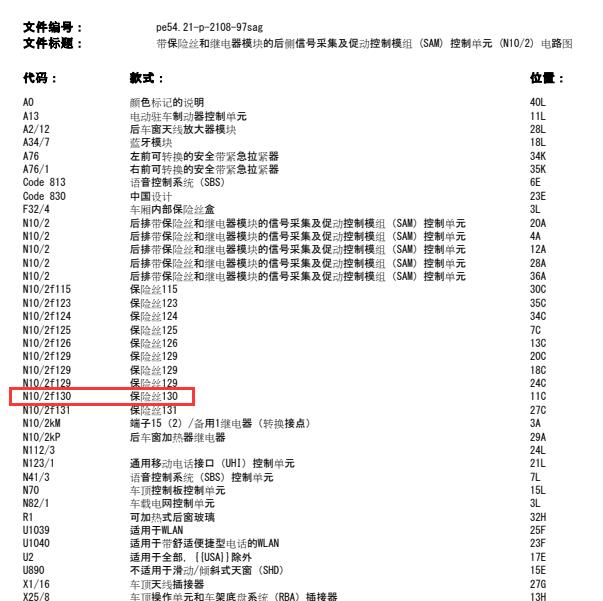 2010年奔驰S300 130号保险电路图