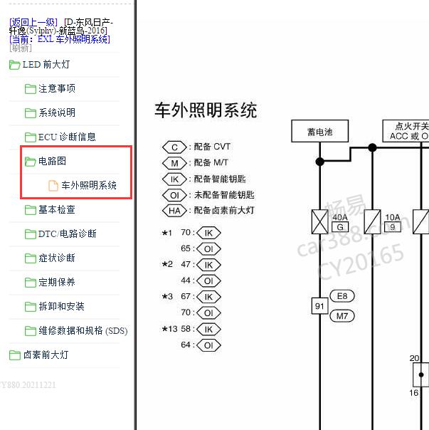 2016年日产轩逸车灯电路图