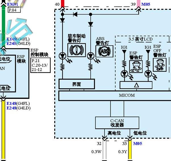 2019-2020年现代领动手刹故障灯电路图
