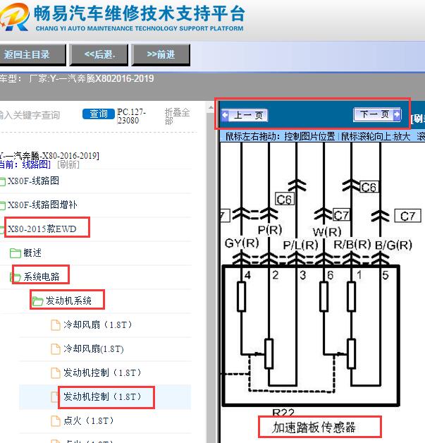 2016-2019年奔腾X80油门踏板的电路图