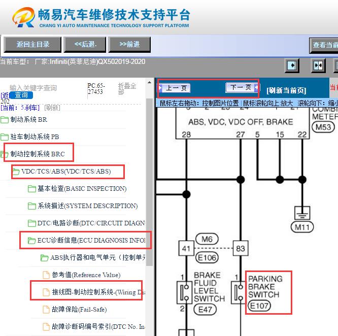 2019-2020年英菲尼迪QX50手刹电路图