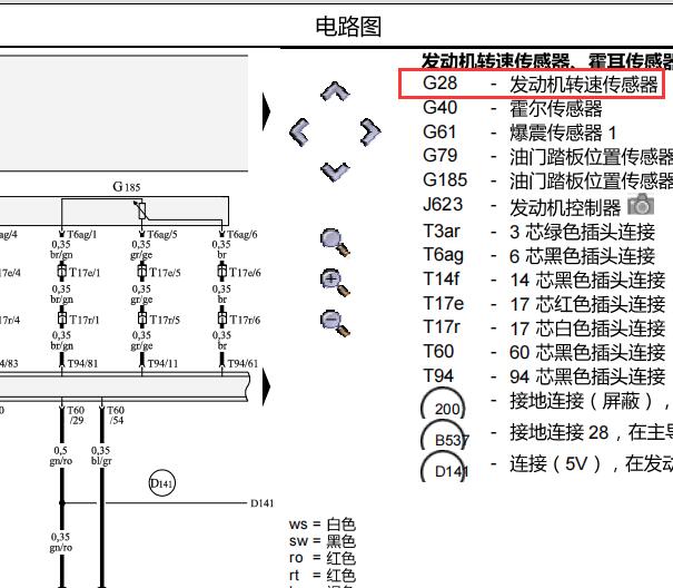 2010年奥迪A4曲轴位置传感器（发动机转速传感器）电路图