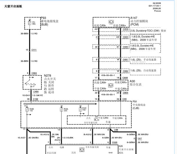2009年福特福克斯天窗电路图
