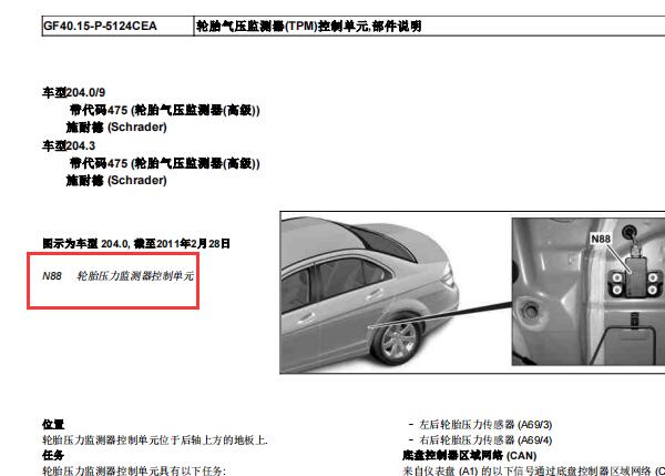2012年奔驰C250 N88胎压监测电脑和X30-30 X30-33连接器位置