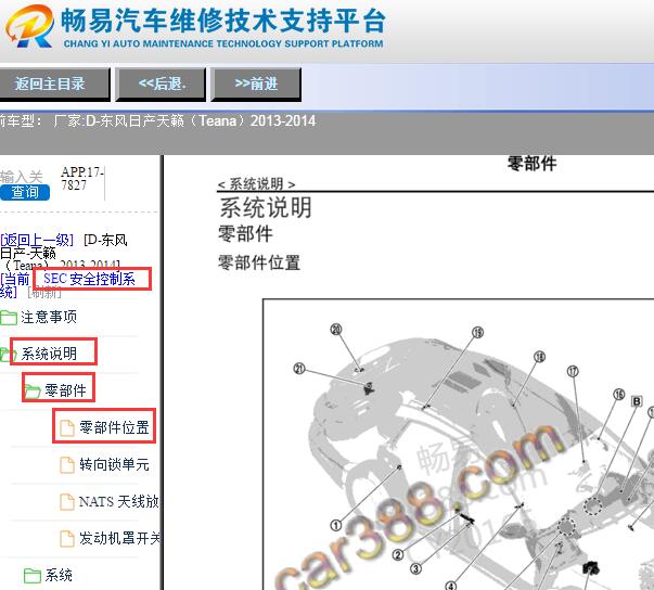 2013-2014年日产天籁无钥匙元件位置