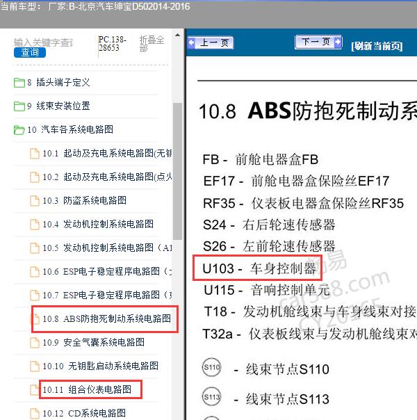 2014-2016年北京汽车-绅宝D50仪表，车身及ABS电路图