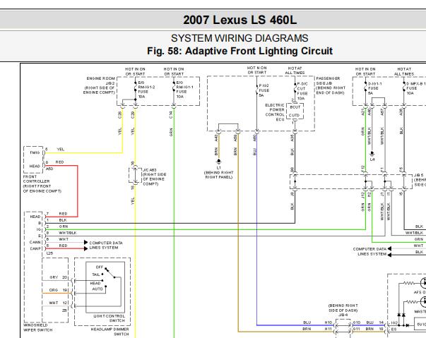 2007年雷克萨斯LS460L自适应大灯和动力转向电路图