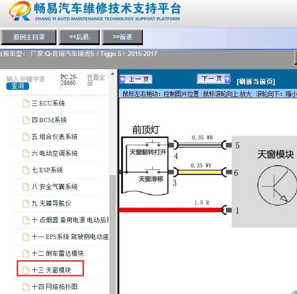 2015-2017年奇瑞汽车-瑞虎5（Tiggo 5）天窗电路图