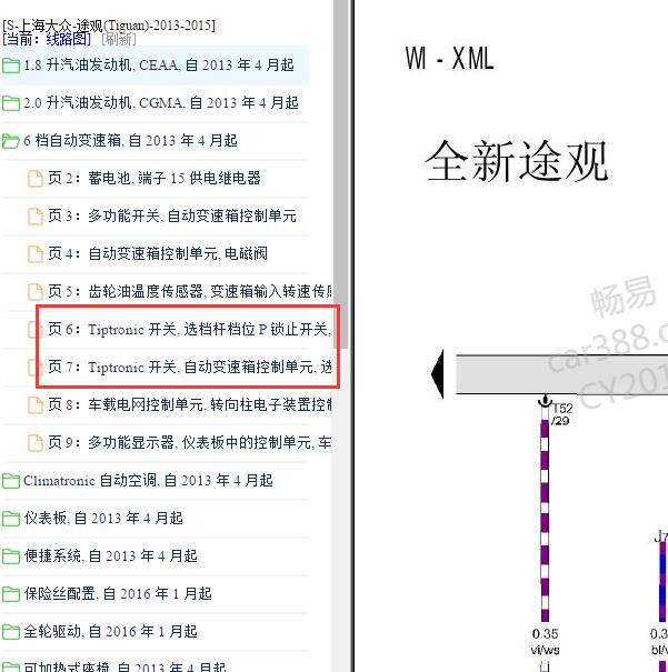 2013-2015年大众途观 变速箱换挡开关电路图