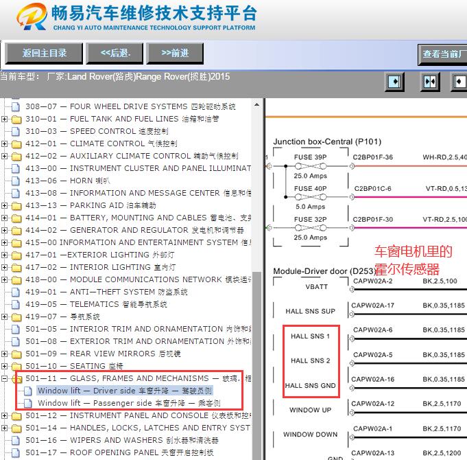 2015年路虎揽胜车窗防夹相关电路图