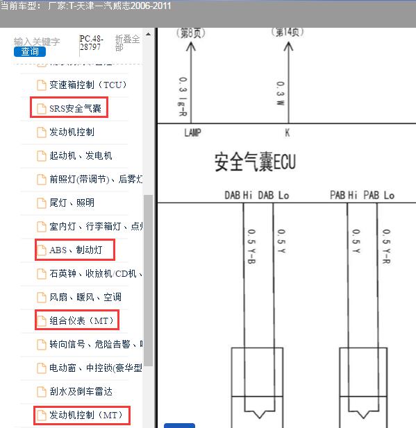 2006-2011年天津一汽-威志气囊、ABS、仪表及发动机电路图