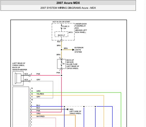 2007年讴歌MDX倒车雷达电路图和位置