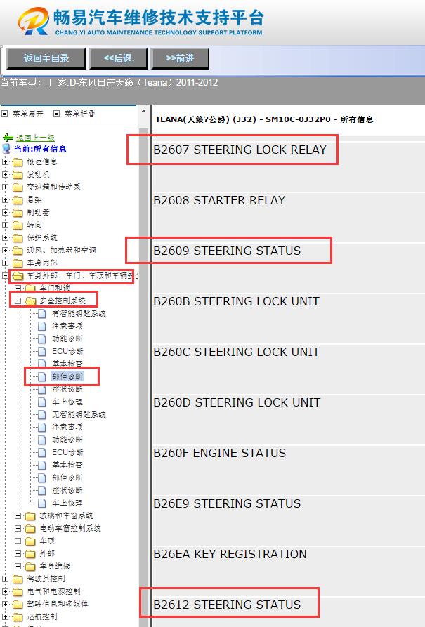 2012年日产天籁  故障码B2607 2609 2612 210A 诊断流程资料