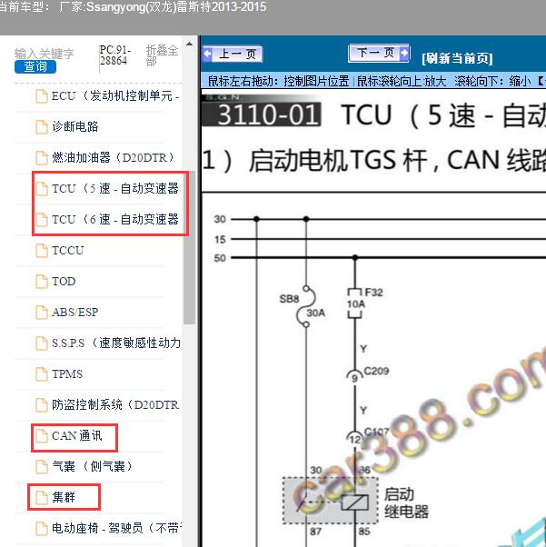 2013-2015年Ssangyong(双龙)-雷斯特变速箱通讯及仪表电路图