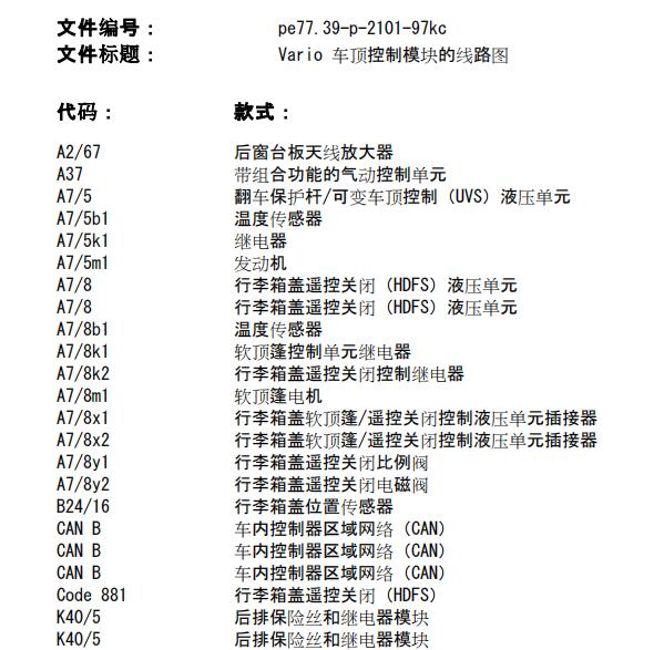 2001年奔驰SL500折叠硬顶敞篷电路图与位置