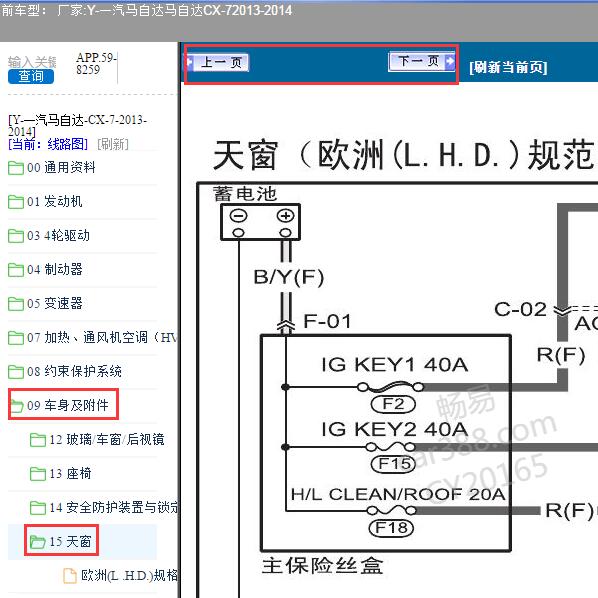2013-2014年一汽马自达CX-7天窗电路图