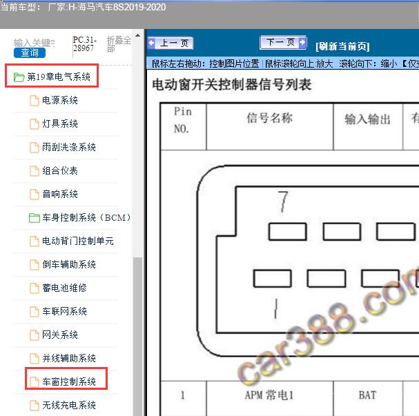 2019-2020年海马汽车-8S玻璃升降模块针脚