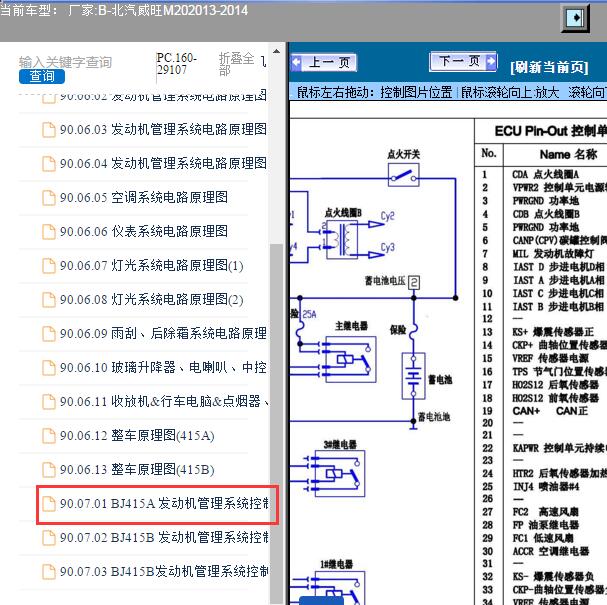 2013-2014年北汽威旺-M20发动机电路图及针脚定义