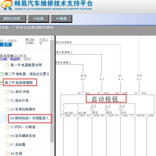 2013-2015年比亚迪L3一键启动按键电路图