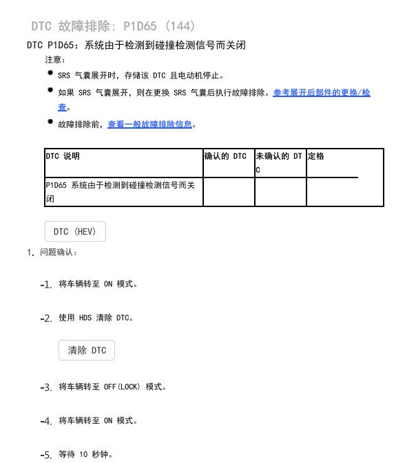2018年本田CRV混动  P1D65故障码定义