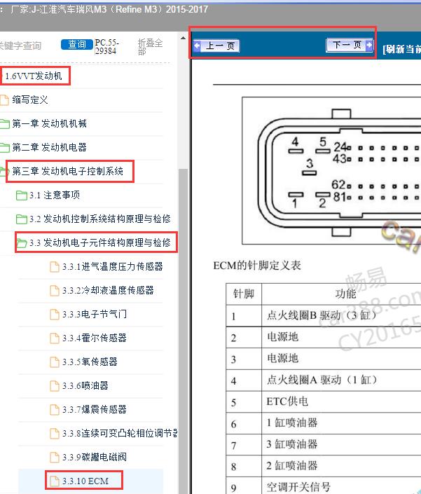 2015-2017年江淮瑞风M3 (Refine M3)发动机针脚定义