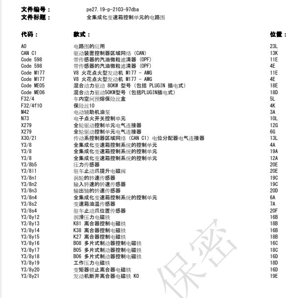 2019年奔驰E320 变速箱电脑电路图
