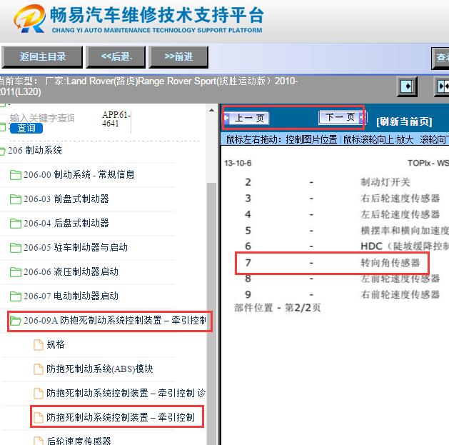 2010-2011年路虎揽胜运动版转向角传感器位置